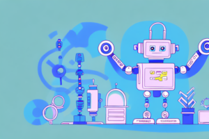 A robot surrounded by a variety of seo tools and analytics