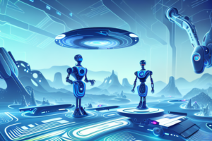 A futuristic landscape with a robotic figure in the foreground